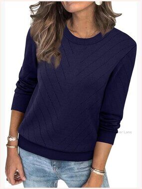 Chic Eyelet Knit Crew Neck Long Sleeve Pullover Sweater Cozy Soft
